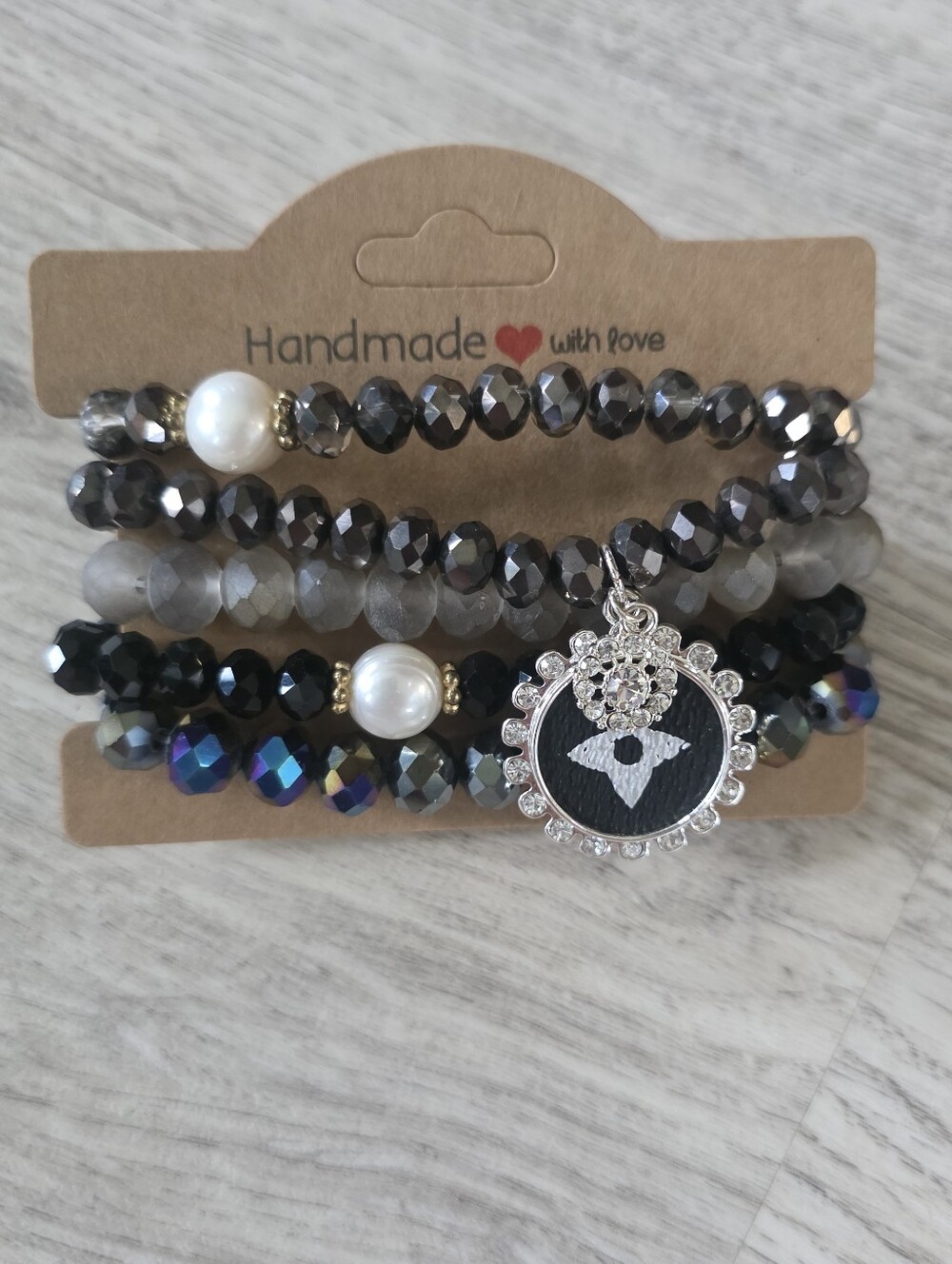 Designer Inspired Charm 5 Lot Bundle Stretch Bracelets iridescent, Grey Pearl